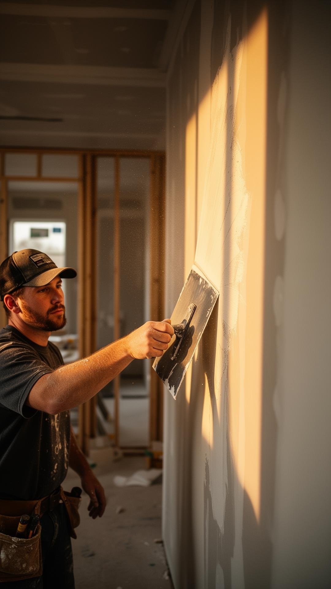 Drywall craftsman at work in golden light
